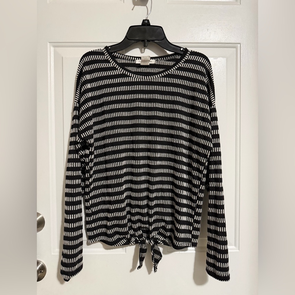 Caution to the Wind Striped Black and White Tie-Hem Women's Top